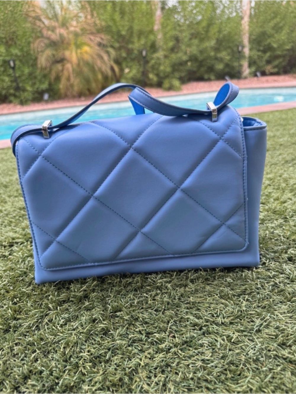 a new day Light Blue Quilted Crossbody Bag with Silver Chain